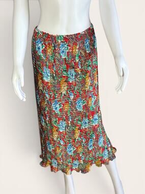 Red Floral Paisley Pleated Midi Skirt Cottagecore Boho